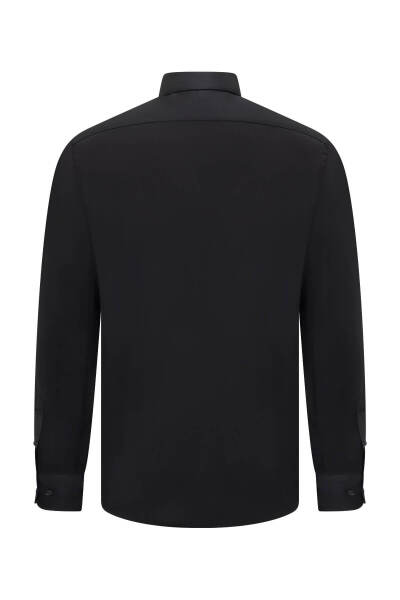 Siyah Slim Fit Açık İtalyan Yaka Uzun Kollu Saten Gömlek - 2