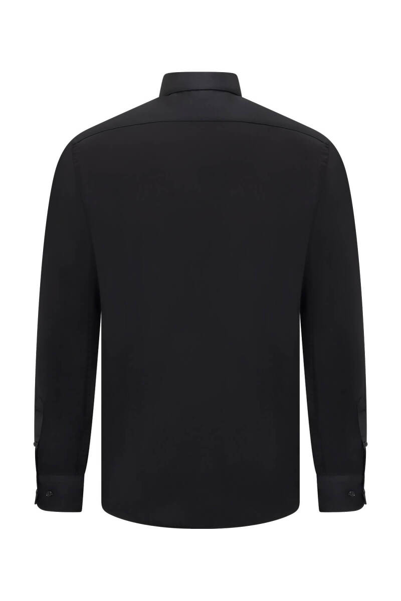 Siyah Slim Fit Açık İtalyan Yaka Uzun Kollu Saten Gömlek - Saykı (1)
