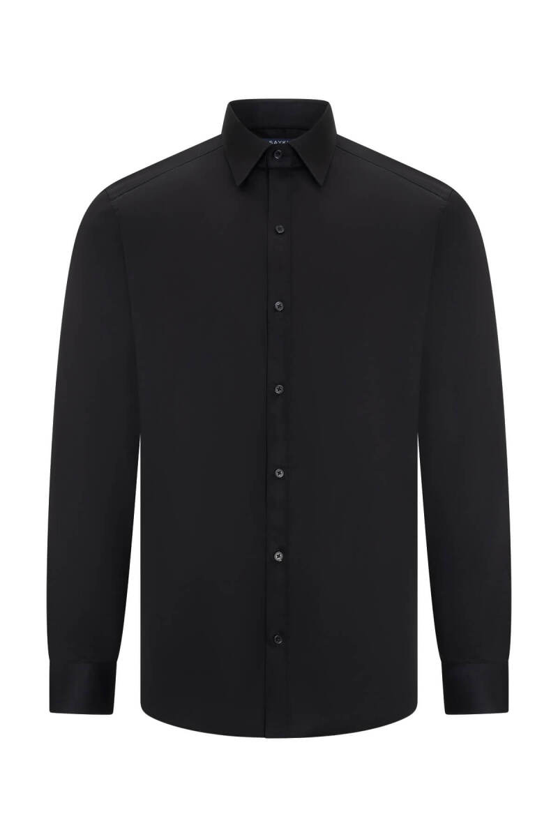 Siyah Slim Fit Açık İtalyan Yaka Uzun Kollu Saten Gömlek