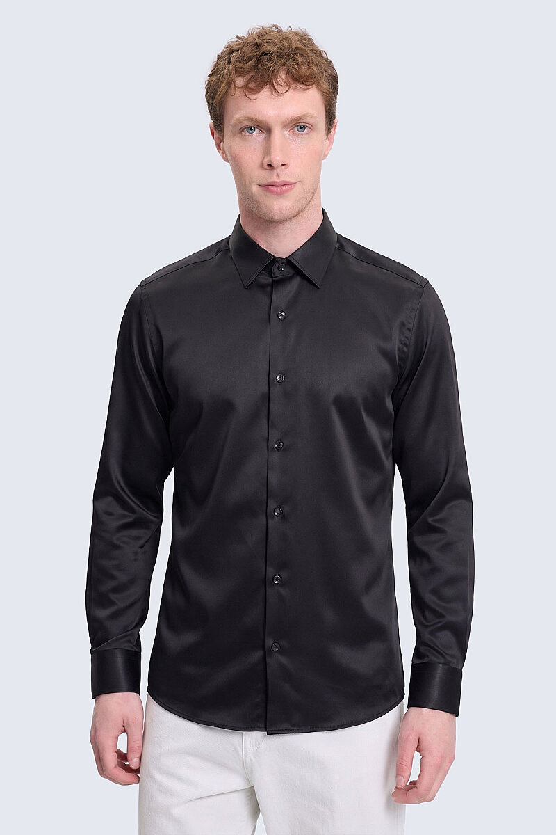 Siyah Slim Fit Açık İtalyan Yaka Uzun Kollu Saten Gömlek