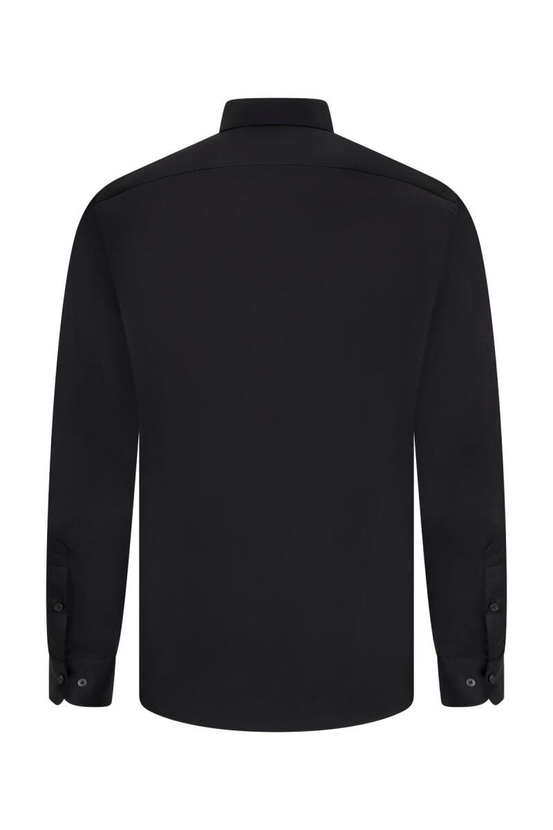 Siyah Slim Fit Açık İtalyan Yaka Uzun Kollu Saten Gömlek - Saykı (1)