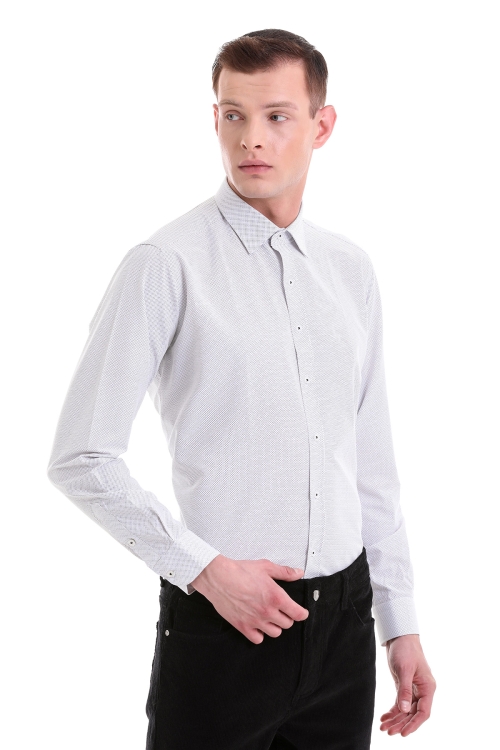 Beyaz Slim Fit Baskılı Pamuklu Slim Yaka Uzun Kollu Klasik Gömlek - Thumbnail (2)