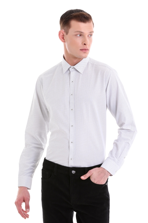Beyaz Slim Fit Baskılı Pamuklu Slim Yaka Uzun Kollu Klasik Gömlek - Thumbnail (3)