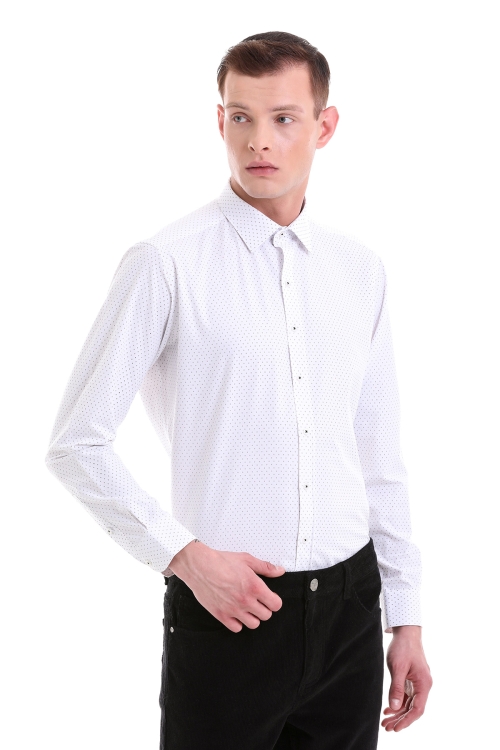 Beyaz Slim Fit Baskılı Pamuklu Slim Yaka Uzun Kollu Klasik Gömlek - Thumbnail (2)