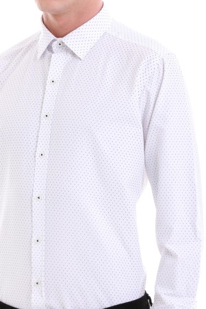 Beyaz Slim Fit Baskılı Pamuklu Slim Yaka Uzun Kollu Klasik Gömlek - Thumbnail