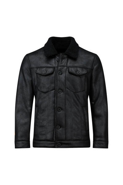 Siyah Slim Fit Bebe Yaka Deri Mont - 1