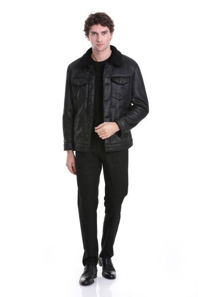 Siyah Slim Fit Bebe Yaka Deri Mont - 2