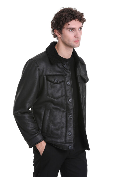 Siyah Slim Fit Bebe Yaka Deri Mont - 3