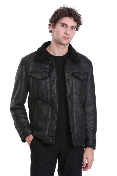 Siyah Slim Fit Bebe Yaka Deri Mont 