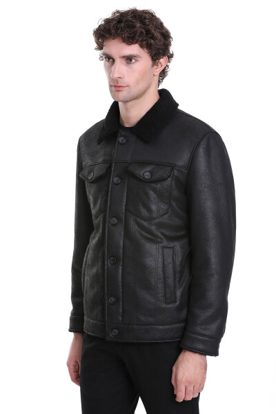 Siyah Slim Fit Bebe Yaka Deri Mont - 4