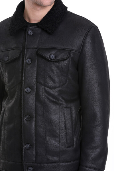Siyah Slim Fit Bebe Yaka Deri Mont - 6