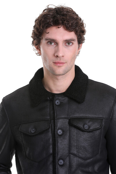 Siyah Slim Fit Bebe Yaka Deri Mont - 5