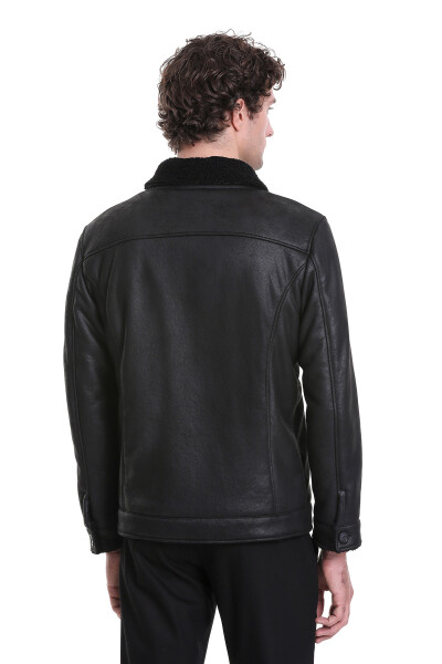 Siyah Slim Fit Bebe Yaka Deri Mont - 8