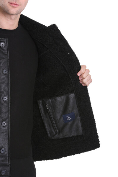 Siyah Slim Fit Bebe Yaka Deri Mont - 7