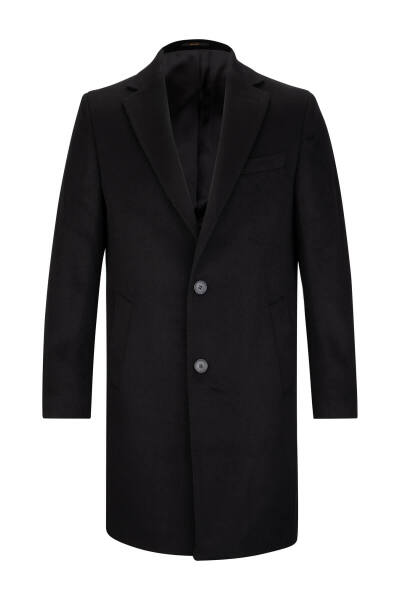 Siyah Slim Fit Ceket Yaka Yünlü Kaşe Palto 