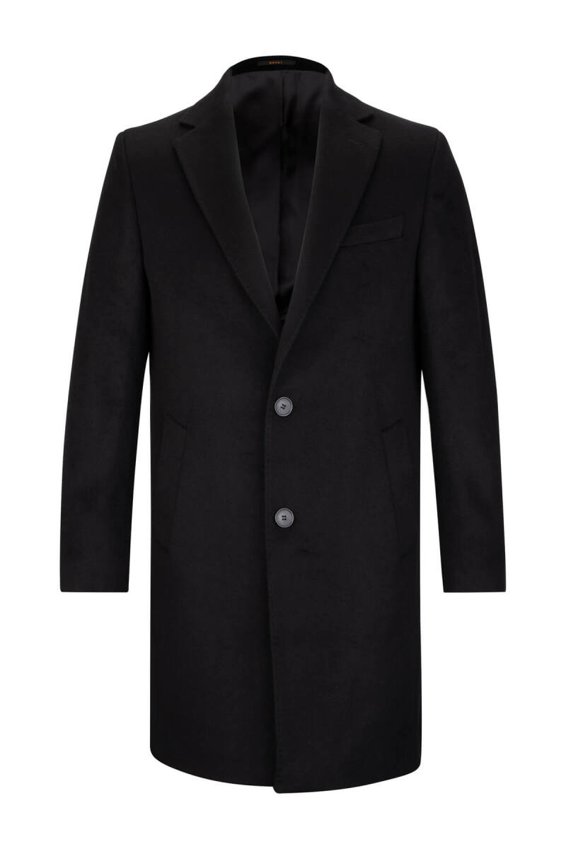 Siyah Slim Fit Ceket Yaka Yünlü Kaşe Palto - Saykı