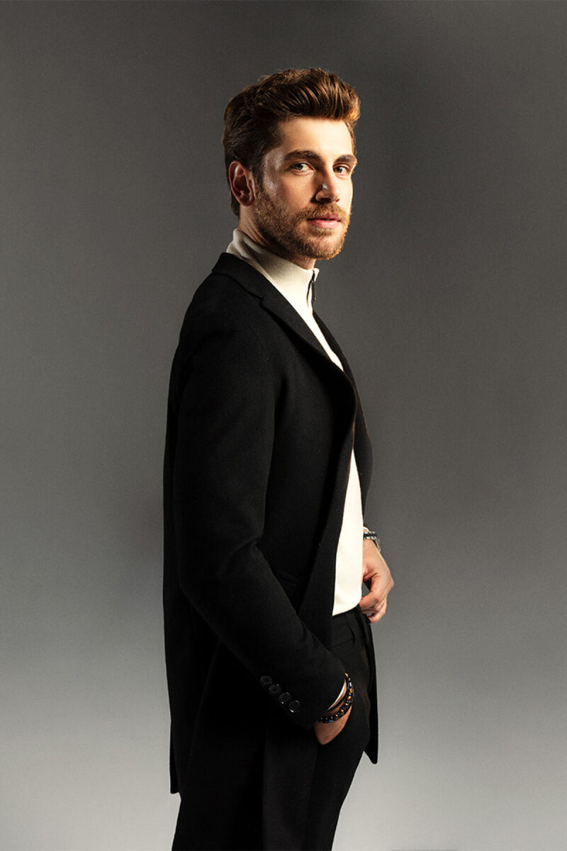 Siyah Slim Fit Ceket Yaka Yünlü Kaşe Palto - Hatem Saykı (1)