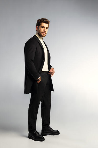 Siyah Slim Fit Ceket Yaka Yünlü Kaşe Palto - 3