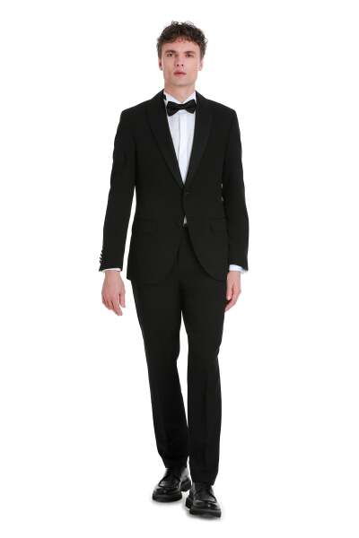 Siyah Slim Fit Çıkma Şal Yaka Klasik Damatlık - 4