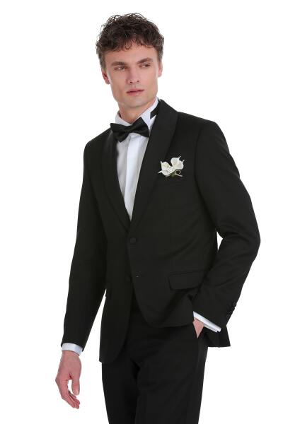 Siyah Slim Fit Çıkma Şal Yaka Klasik Damatlık - 7