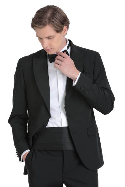 Siyah Slim Fit Çıkma Sivri Yaka Damatlık - 5