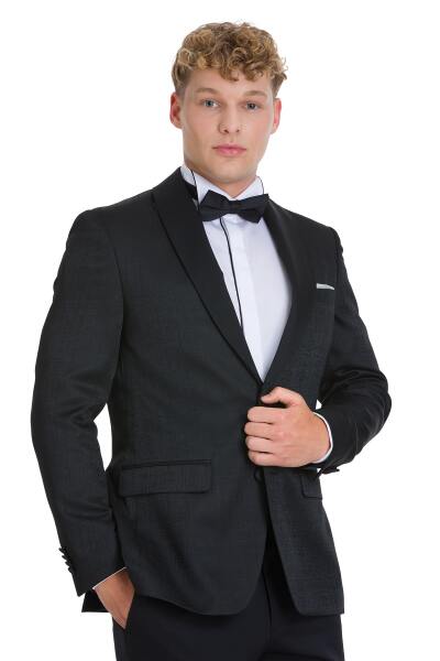Siyah Slim Fit Çıkma Sivri Yaka Klasik Damatlık - 5
