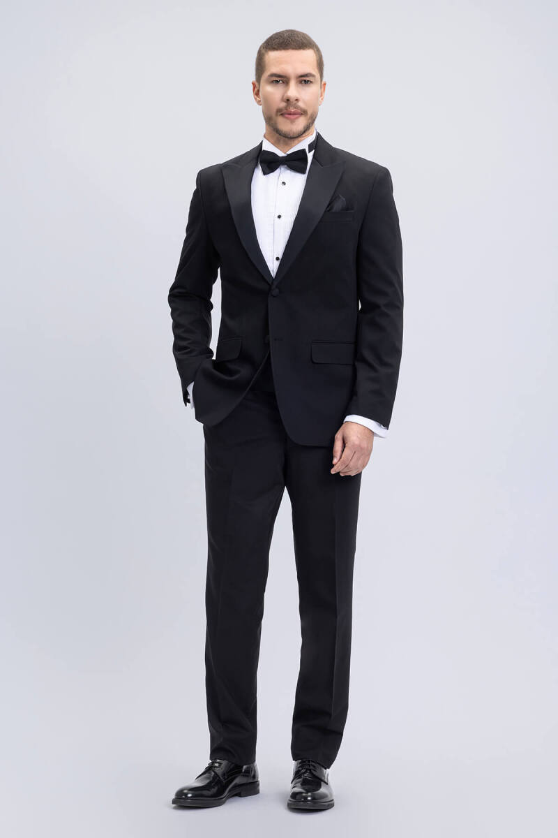 Siyah Slim Fit Çıkma Sivri Yaka Klasik Damatlık