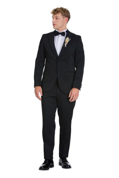 Siyah Slim Fit Çıkma Sivri Yaka Klasik Damatlık - 8