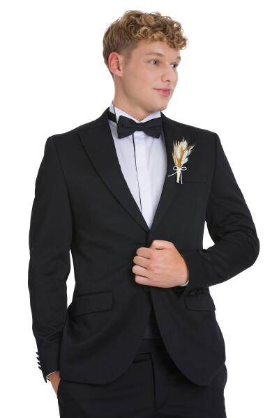 Siyah Slim Fit Çıkma Sivri Yaka Klasik Damatlık - 5