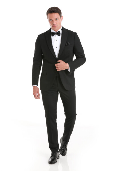 Siyah Slim Fit Desenli Çıkma Sivri Yaka Klasik Damatlık - 7