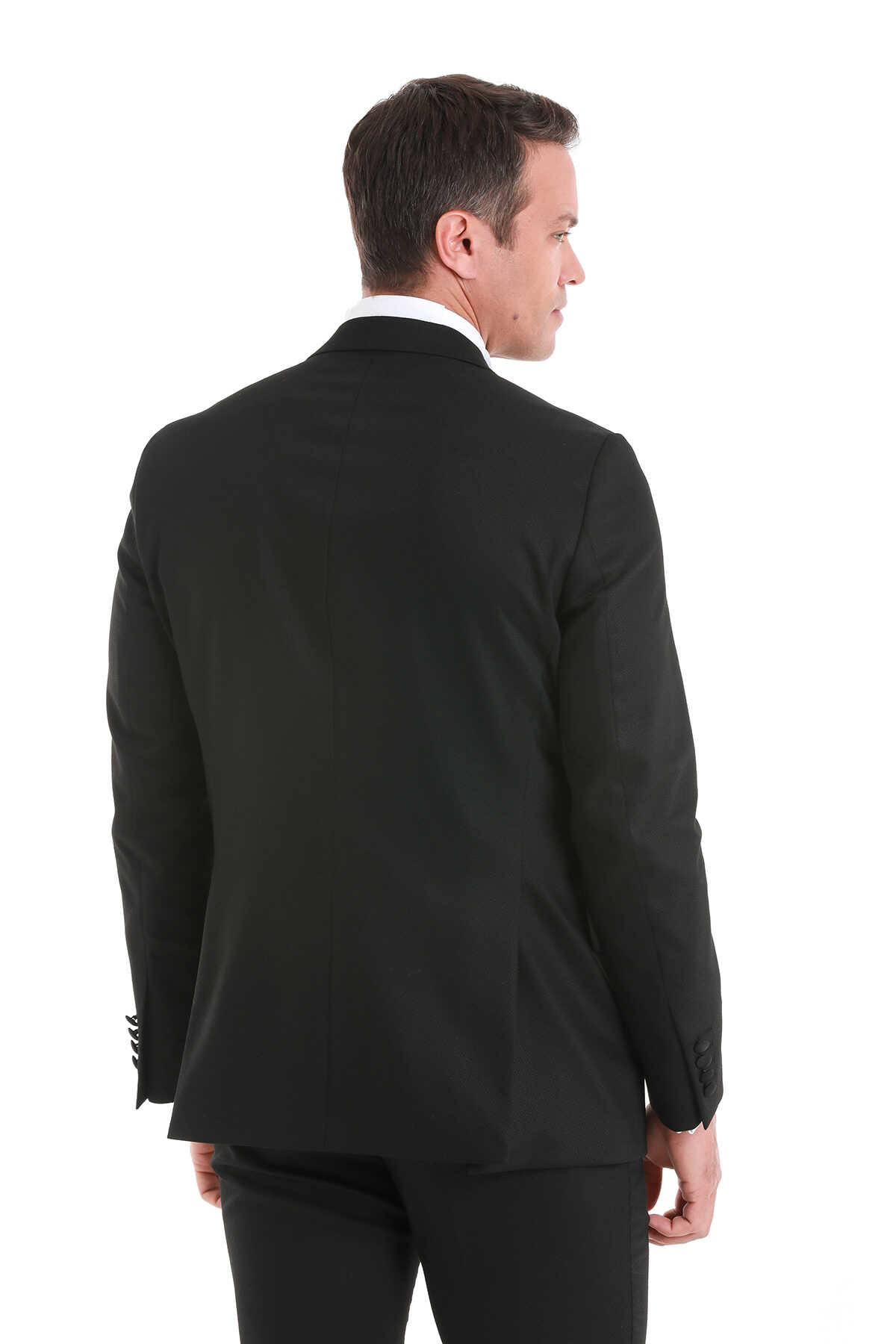 Siyah Slim Fit Desenli Çıkma Sivri Yaka Klasik Damatlık - 7