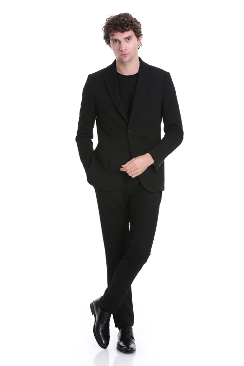 HTML - Siyah Slim Fit Desenli Mono Yaka Klasik Takım Elbise