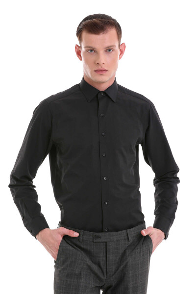 Siyah Slim Fit Desenli Pamuklu Slim Yaka Uzun Kollu Klasik Gömlek 