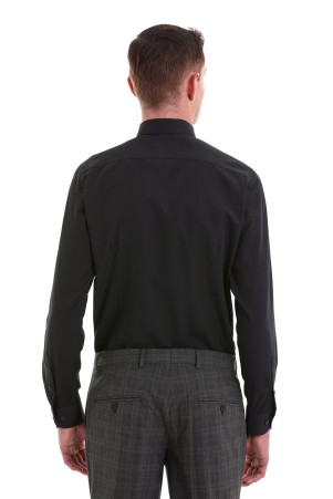 Siyah Slim Fit Desenli Pamuklu Slim Yaka Uzun Kollu Klasik Gömlek - Thumbnail