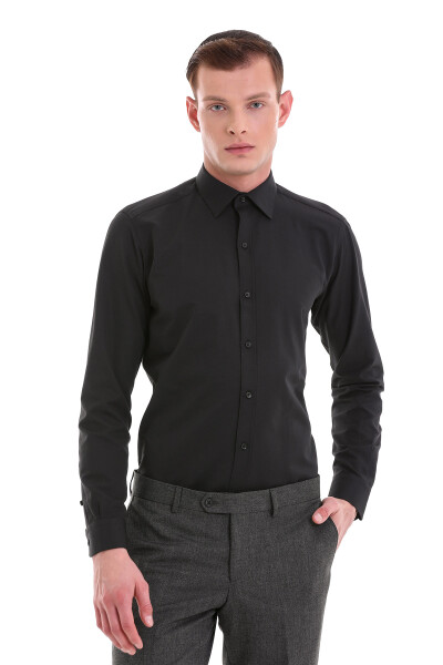 Siyah Slim Fit Pamuklu Slim Yaka Uzun Kollu Klasik Gömlek 