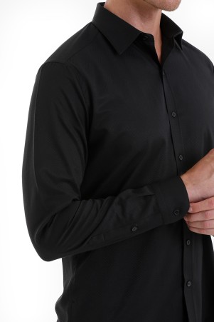 Siyah Slim Fit Desenli Pamuklu Slim Yaka Uzun Kollu Spor Gömlek - Thumbnail