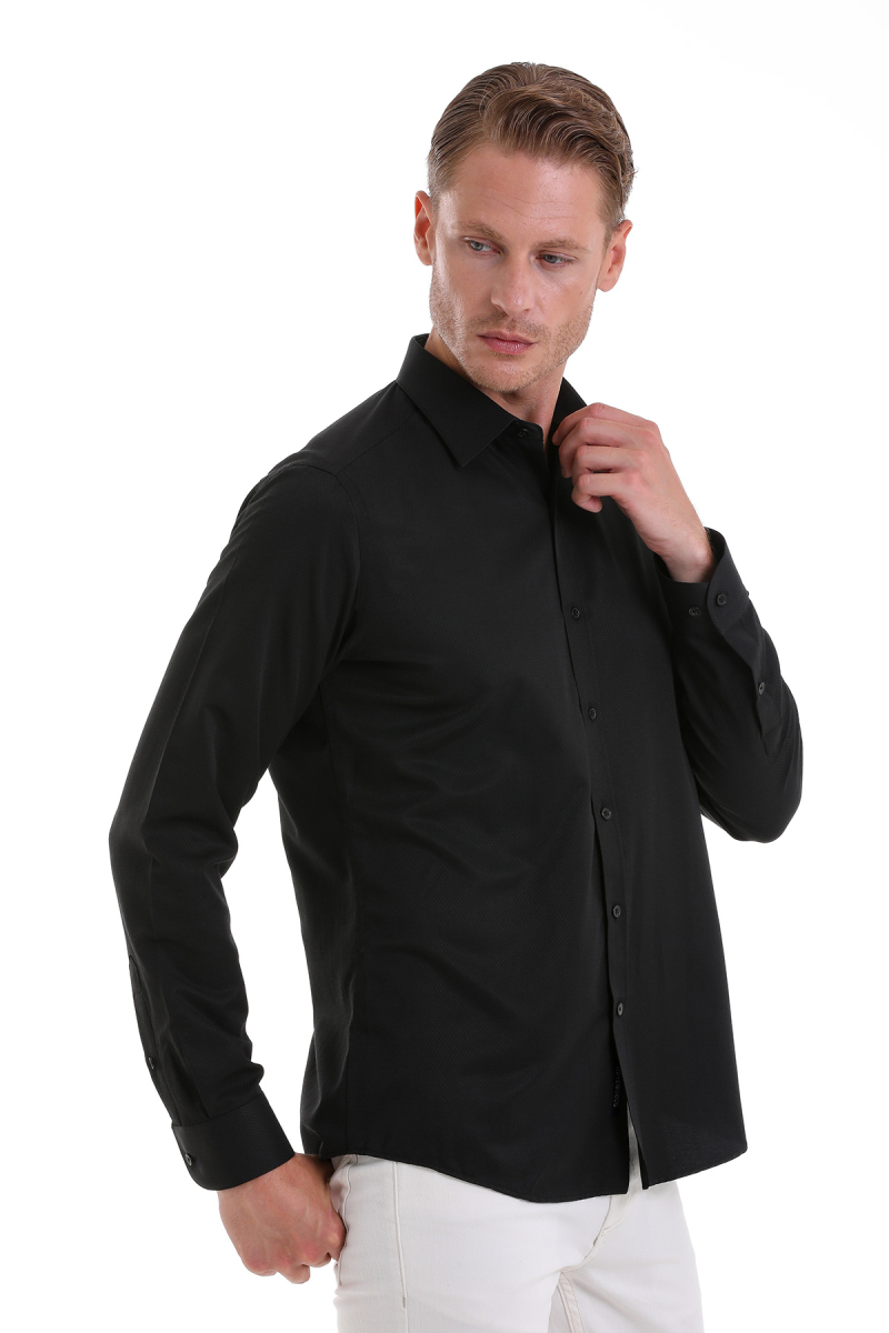Siyah Slim Fit Desenli Pamuklu Slim Yaka Uzun Kollu Spor Gömlek - Hatemoğlu (1)