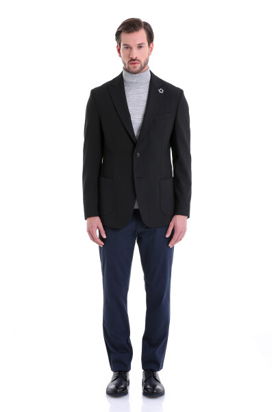 Siyah Slim Fit Desenli Sivri Yaka Casual Ceket - Thumbnail