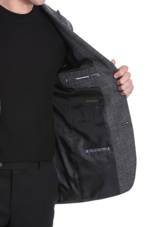 Siyah Slim Fit Desenli Sivri Yaka Klasik Keten Takım Elbise - Thumbnail