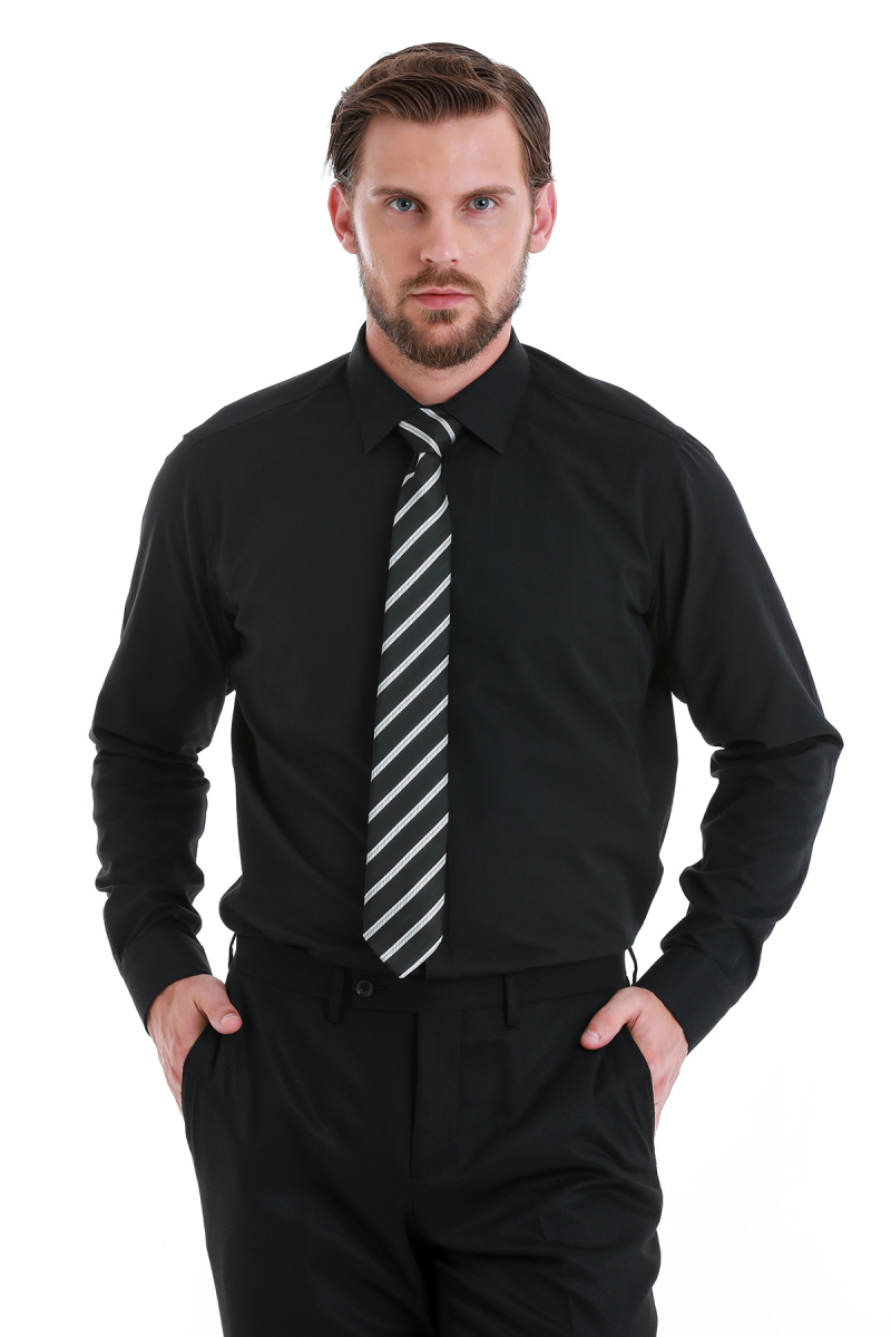 Siyah Slim Fit Slim Yaka Pamuklu Uzun Kollu Gömlek - Hatemoğlu