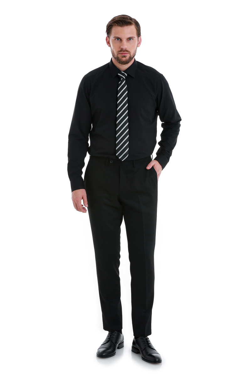 Siyah Slim Fit Slim Yaka Pamuklu Uzun Kollu Gömlek - Hatemoğlu (1)
