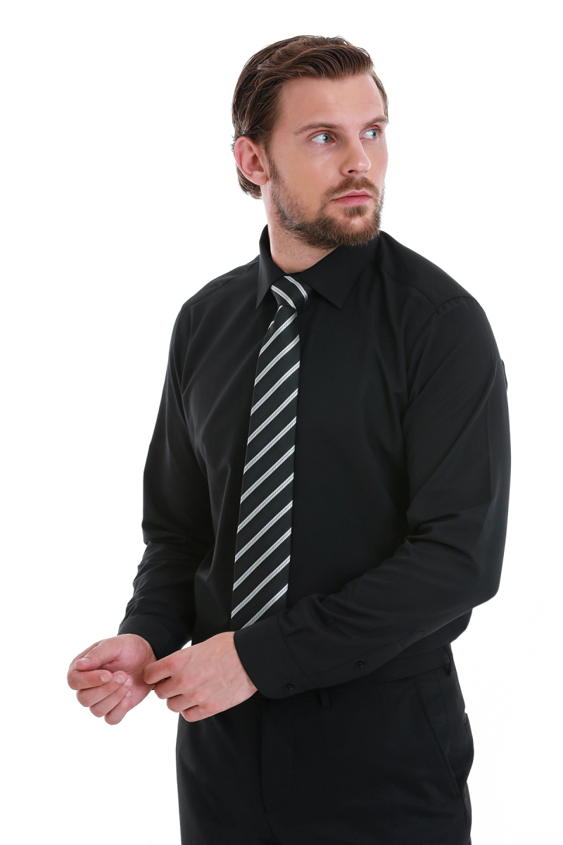 Siyah Slim Fit Slim Yaka Pamuklu Uzun Kollu Gömlek - Hatemoğlu (1)