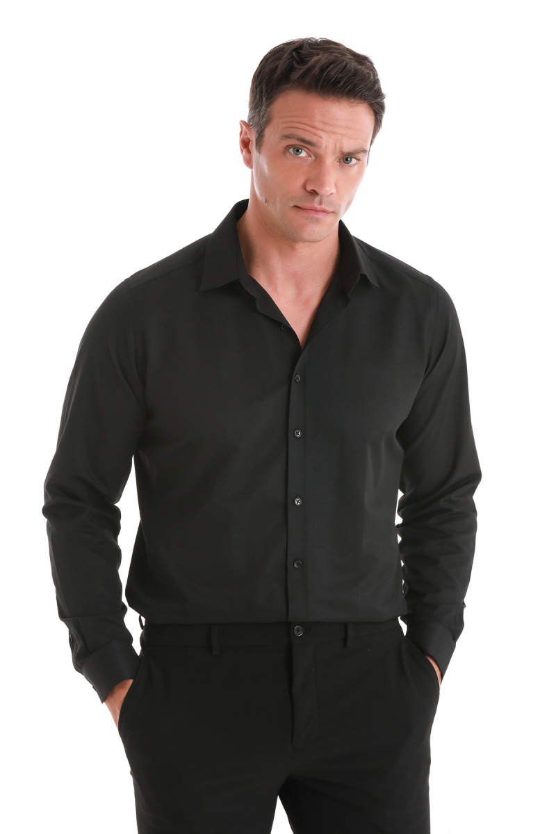 Siyah Slim Fit Slim Yaka Pamuklu Uzun Kollu Gömlek - Hatemoğlu