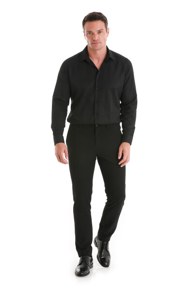 Siyah Slim Fit Slim Yaka Pamuklu Uzun Kollu Gömlek - 2