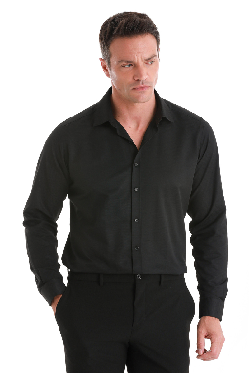 Siyah Slim Fit Slim Yaka Pamuklu Uzun Kollu Gömlek - Hatemoğlu (1)