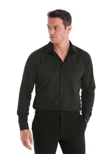Siyah Slim Fit Slim Yaka Pamuklu Uzun Kollu Gömlek - 4
