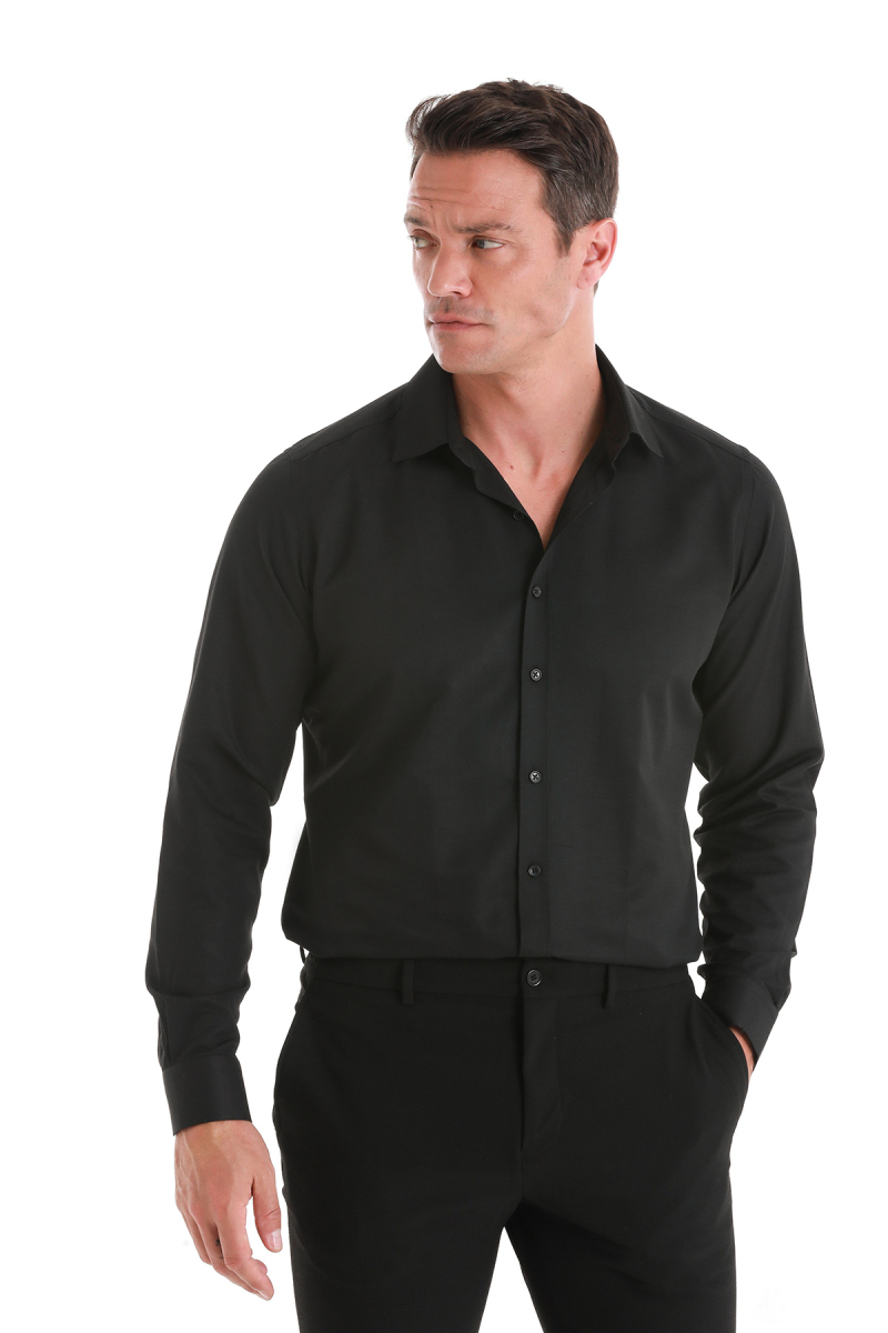 Siyah Slim Fit Slim Yaka Pamuklu Uzun Kollu Gömlek - Hatemoğlu (1)