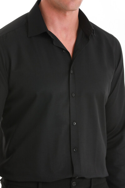 Siyah Slim Fit Slim Yaka Pamuklu Uzun Kollu Gömlek - 5