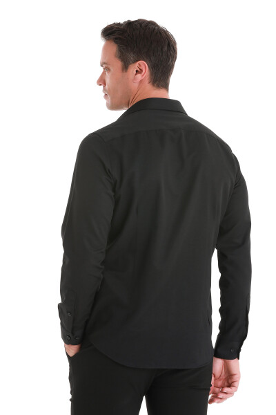 Siyah Slim Fit Slim Yaka Pamuklu Uzun Kollu Gömlek - 6