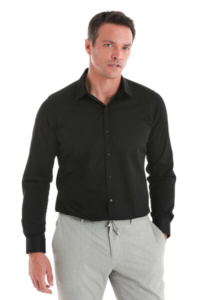 Siyah Slim Fit 100% Pamuk Slim Yaka Uzun Kollu Saten Gömlek 